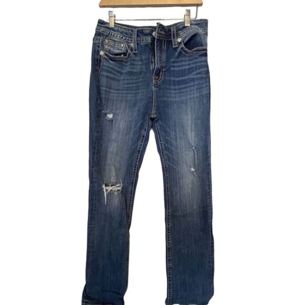 Miss Me Women's Distressed Embroidered Blue Denim Jeans Size 31 Whiskered Faded